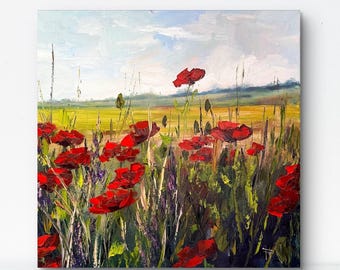 ポピーの油絵：オリジナルのテクスチャードフローラルアート 8x10