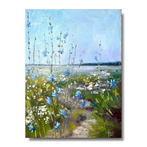 Wildflower Painting Chicory Flowers Painting Meadow Artwork Impressionist painting Original oil painting Meadow landscape