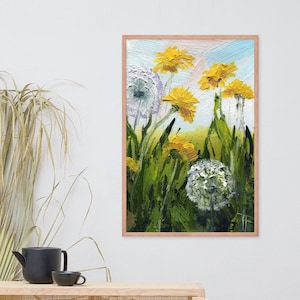 Dandelion painting Framed art print Flowers wall art Green wall art Large flowers art Large poster
