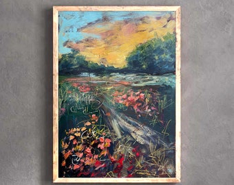 Abstrakte Sonnenuntergang Landschaft Original Acrylgemälde Moderne Landschaft Blühende Landschaft Wiese Kunst