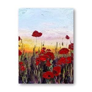 Poppy painting Original oil art Texture painting Poppies painting Sunset landscape