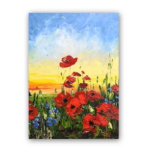 Poppies painting Sunset Landscape Poppies Field Original Oil Painting Flowers Landscape Floral Wall Art Comission Painting