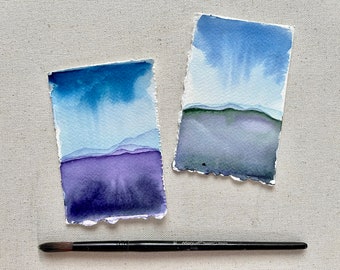 Raining  paintings Small watercolor Set of 2 Watercolor seascape Small painting Watercolor miniature