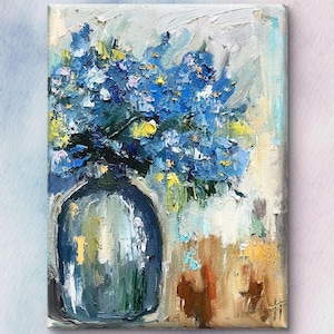 Forget-Me-Nots Painting Small Original Artwork Blue Flowers Floral Wall Art Original  Gift for Him or Her Hand-Painted Gift