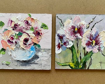 Blumen-Set mit 2 Original-Ölgemälden, 12,7 x 12,7 cm