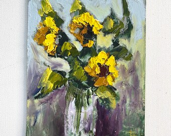 Sunflower painting Impasto Flowers artwork Original oil miniature Small impasto painting Gift for Mother Original gift idea