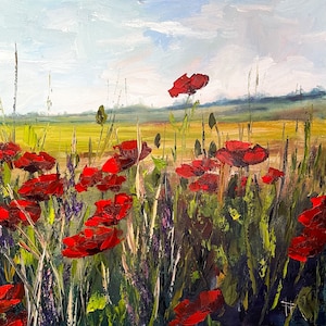 Poppies painting Original oil art Flowers painting original Landscape painting