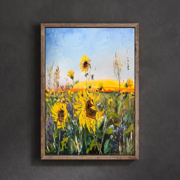 Sunflower painting Original canvas art Sunflower field Impasto painting