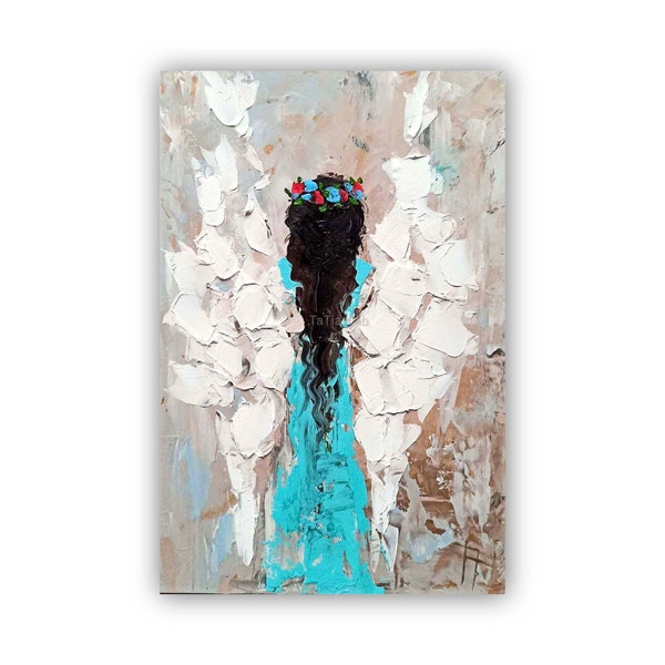 Angel painting Gift for sister Original wall art Guardian Angel Original gift Turquoise painting Gift for Mother