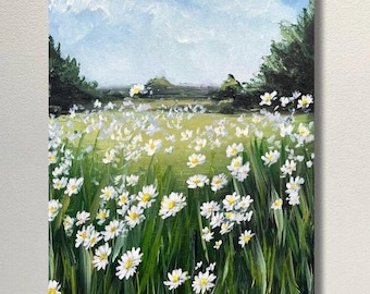 Daisy Meadow Landscape: Original Acrylic Painting, Countryside Wall Art