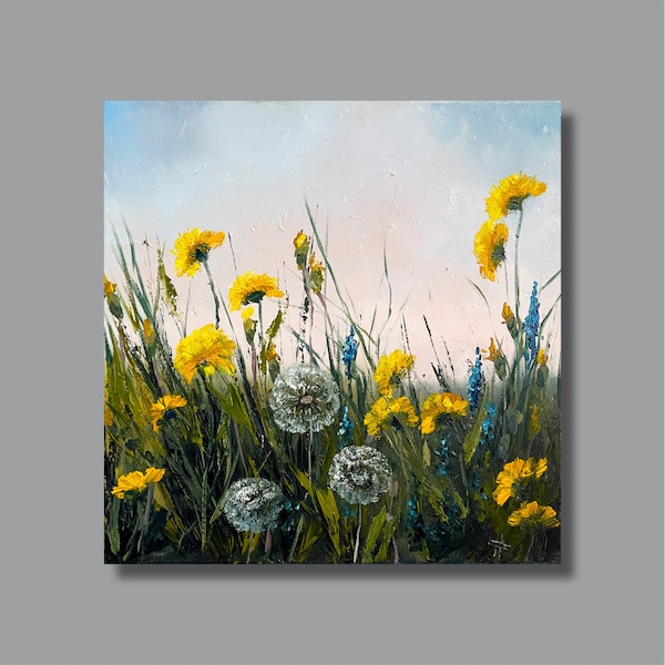 Dandelion painting original Meadow painting Original oil art Flowers painting original Landscape painting