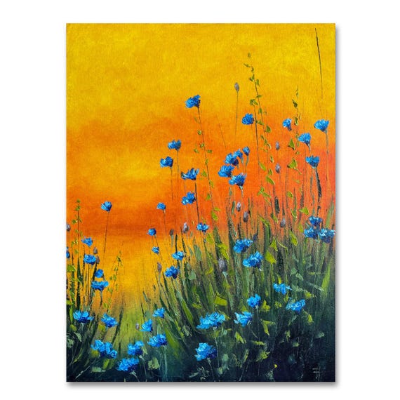 Blue Flowers Sunset Oil Painting: Original Floral Art - Etsy