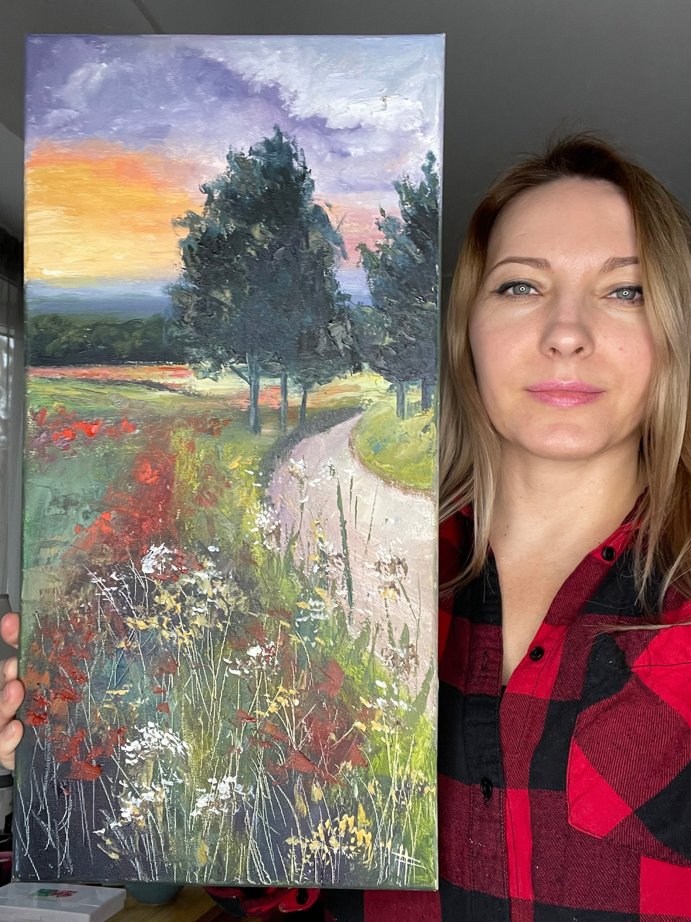 Sunset Painting Long Vertical Painting Original Oil Art Meadow Painting