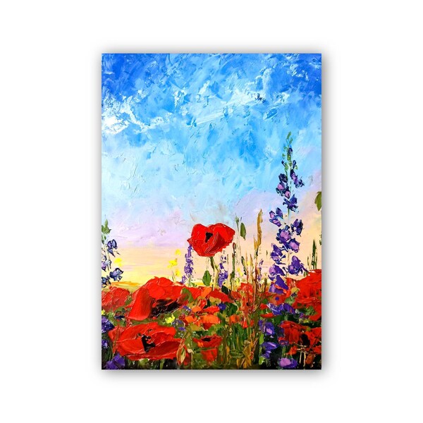 Peinture de coquelicots Paysage de fleurs Peinture à l'huile originale Cadeau pour elle