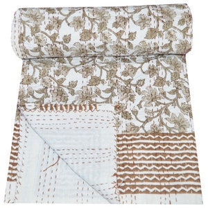 Indian  Floral Print Kantha Quilt Cotton Twin / Queen Size Bedspread Quilt Kantha Boho Reversible Blanket Kantha Christmas Gift Her