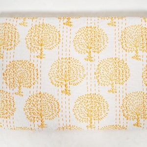 Indian HandBlock Yellow Kantha Quilt Queen Size Bedspread Bohemian Reversible Block Print Bedding Cotton BedCover Kantha Stitched Decorative