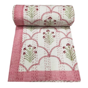 Vintage Cotton King Size Hand Block Kantha Quilt Traditional Blanket Bed Cover Kantha Cotton Bohemian New Block Printed Coverlet Queen Quilt