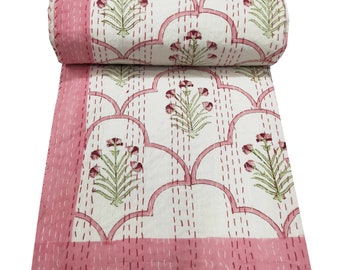 Hand Block Print Cotton Kantha Quilt: Bohemian Bed Cover