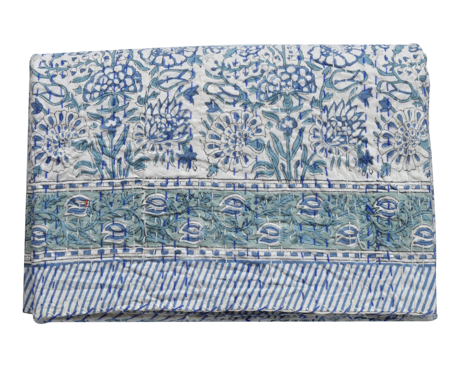 Hand Block Print Kantha Quilt: Bohemian Cotton Bedspread - Twin 90 x 60 inches