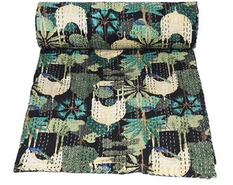 Black Hand Block Print Kantha Quilt: Super King Bohemian Bedspread