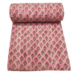 Pink Floral Hand Block Print Kantha Quilt: Indian Cotton Bed Cover