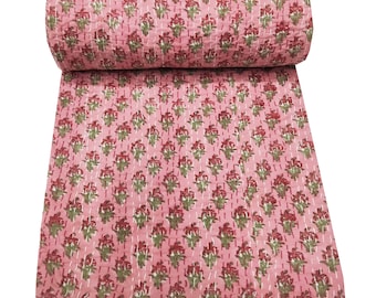 Rosa mano bloque impresión Kantha indio hermoso Kantha edredón rey / tamaño queen Kantha cubierta de cama manta Kantha tirar algodón Gudari tamaño doble