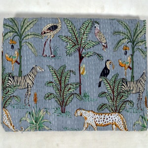 Indian Kantha Animal Print Quilt Pure Cotton Hand Block Bedding Coverlet Twin Size Blanket Quilt Kantha Grey Tiger Printed Bedspread Gudari
