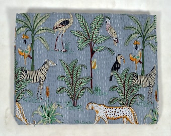Colcha indiana Kantha com estampa animal, algodão puro, bloco de mão, colcha de cama, tamanho duplo, colcha Kantha, cinza, estampa de tigre, colcha Gudari