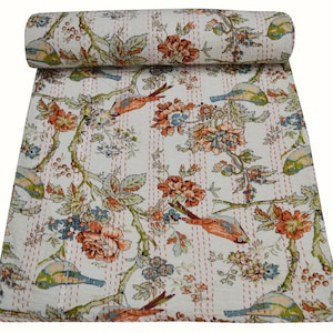Queen Size Floral Bird Print Kantha Quilt Indian  Cotton Kantha Reversible Bedding Coverlet Kantha Ethnic Ralli Decorative Blanket