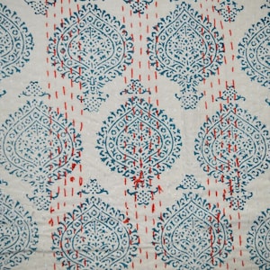 Hand Block Print Kantha Quilt: Bohemian Cotton Bedspread