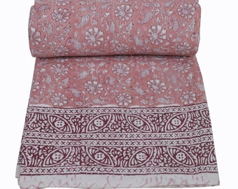 Hand Block Print Kantha Quilt: Indian Cotton Bedspread - Twin/Queen