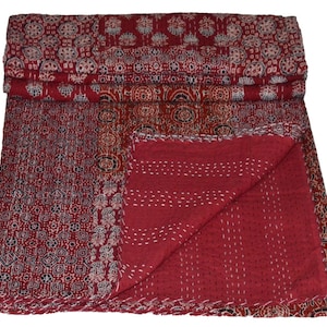 Hand Block Print Kantha Quilt Queen Size Red Ajrakh Patchwork Kantha Bedding Bedspread Kantha Quilt Boho Ethnic Vintage Home Decor Blanket