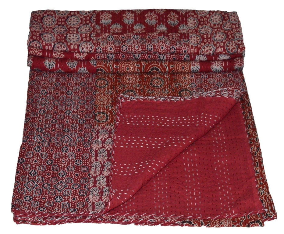 Sophia-Art Blauwe Kantha Quilt Hand Stitch Blok Print Kantha Ajrakh Bed-Cover, Indiase Boheemse Kantha Ajrakh Quilt