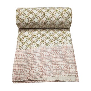 Kantha Quilt Yellow New Hand Block Print Kantha Quilt Cotton Blanket Bedspread Quilt Indian Traditional Kantha King / Queen Size Coverlet