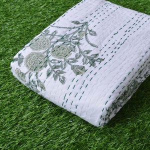 Hand Block King Size Cotton Kantha Vintage  Bedspread Kantha Queen / Twin Size Ethnic Bed Cover Kantha Boho Room Decor Bed Cover Art