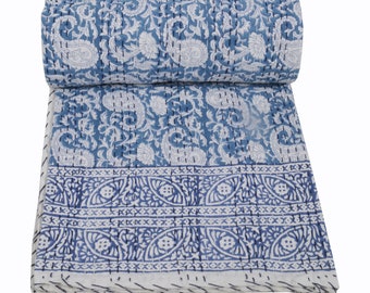 Hand Block Print Cotton Kantha Quilt: King Size Indian Bedspread