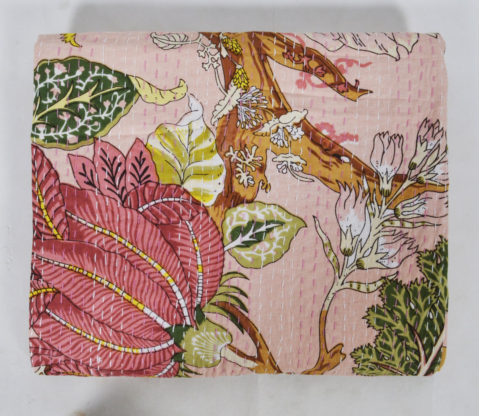 Hand Block Floral Print Kantha Quilt: Indian Cotton Bedspread