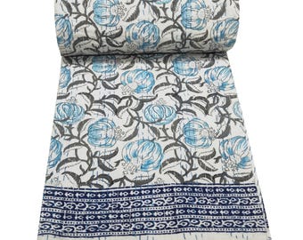 Trapunta Kantha Super King Super King con stampa turchese e bellissima stampa Kaddu, biancheria da letto Kantha in cotone indiano, copriletto Kantha stampato a mano, copriletto Kantha Boho King Size.