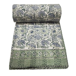 Hand Block Print King Size Cotton Kantha Quilt Handmade Blanket Kantha Vintage Indian Bedspread Boho Bed Cover Kantha Reversible Queen Size