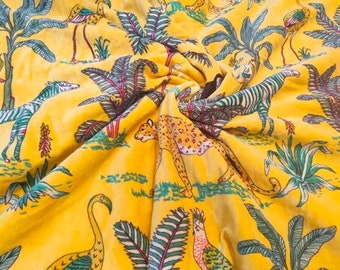 Indian Yellow Jungle Printed Soft Luxury Velvet Animal Print Fabric Upholstery Dressmaking Sewing Fabric, Cotton Velvet Sewing Soft Fabric