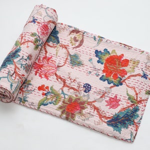 Cotton Indian  Floral Print Kantha Quilt King Size Kantha Bedspread Blanket Kantha Bohemian Reversible Coverlet Queen / Twin Size