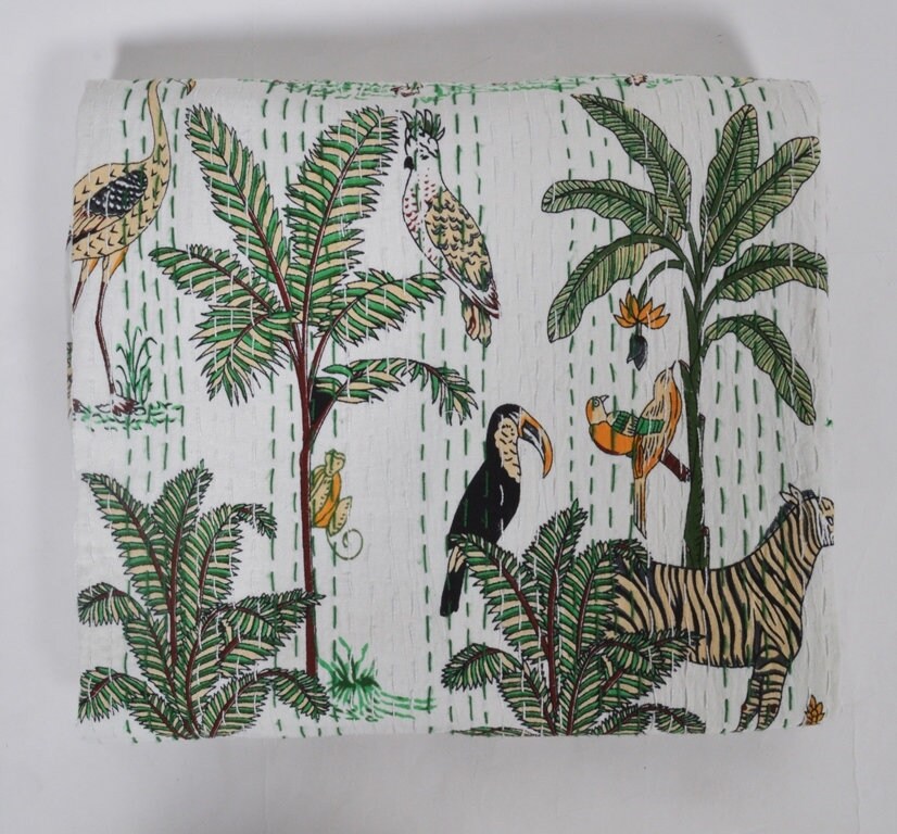 Colcha indiana Kantha com estampa animal indiana tamanho king size, colcha branca de algodão, manta indiana boho Kantha, capa de cama queen size Gudari