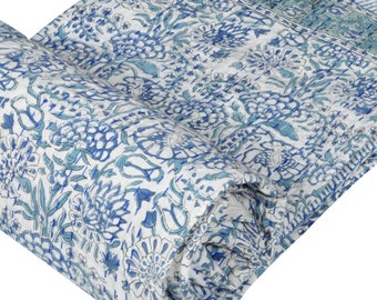 Colcha Kantha com estampa floral indiana à mão, colcha king size Kantha de algodão puro, colcha boho, tamanho queen