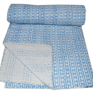 Indian Handmade Quilt Twin/queen Kantha Quilt Cotton Vintage Kantha Throw Kantha Blanket Bedspread Turquoise Polka Dot Kantha Block BedCover