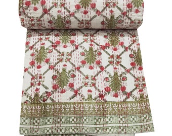 Handblock-Kantha-Steppdecke aus indischer Baumwolle, handgefertigte Kantha-King-Size-Decke, Überwurf, indische Boho-Tagesdecke, Überwurf, Queen-/Size-Kantha-Steppdecke