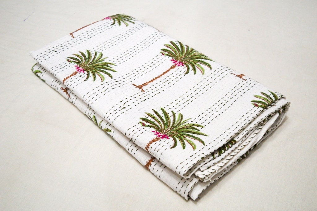 Frida Printed Cotton Yellow Quilted Blanket Handmade Kantha Work 90X108 In