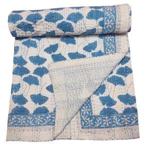 Blue New Hand Block Print Kantha Cotton King / Queen Size Kantha Quilt Indian Bedding Bedspread Kantha Hand Stitched Ethnic Blanket Gudari