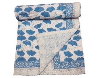 Edredón Kantha con estampado de bloques a mano en azul: colcha de algodón indio