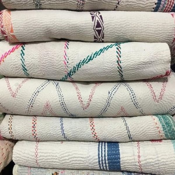 Nakshi Kantha, Exclusive Heavy Kantha, Indian Vintage Kantha, White Kantha Quilt, Cotton Kantha Quilt, Nakshi Throw, Recycled Cotton Blanket