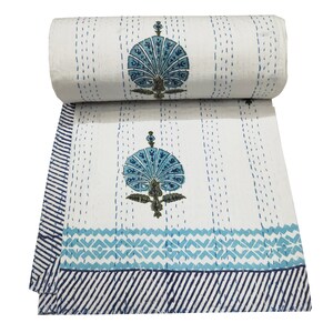 White Kantha Quilt: Hand Block Print Cotton King Blanket